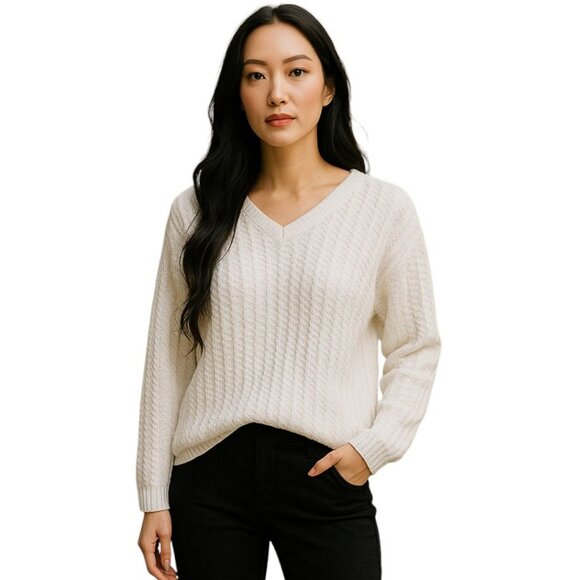 Eddie Bauer White Textured Knit Sweater V-Neck Pullover Size L - Picture 1 of 6